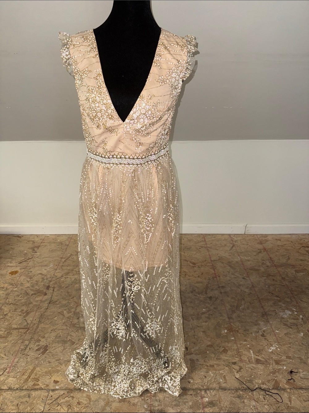 Fashion Nova Champagne Sequin Embellished Midi Dress